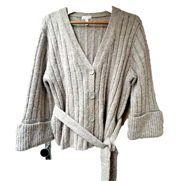 Leith Alpaca Merino Wool Blend Cardigan Womens M Bell Sleeve Ribbed Beige/Gray - Picture 1 of 5